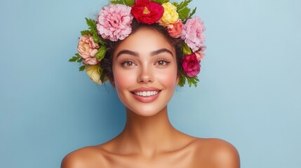 Naklejka premium Beautiful young woman with floral crown against blue background, showcasing radiant smile and natural beauty