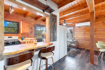 a home kitchen with countertop and cabinets