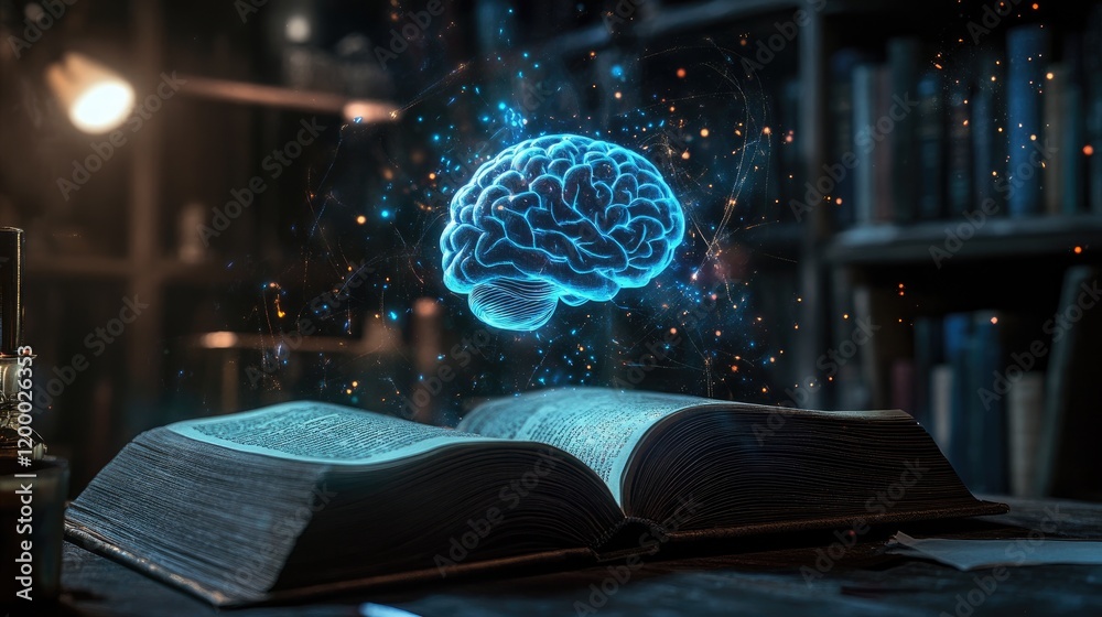 Poster Glowing Brain Above Open Book In Library Setting