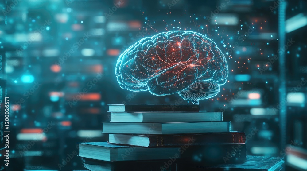 Poster illuminated brain hovers above stack of books