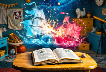 magic book. book with fantasy story about pirates, ship and adventures in his bedroom. transparent pirate ship flying out of a book with fairytale. fantasy story, reading. kids literature