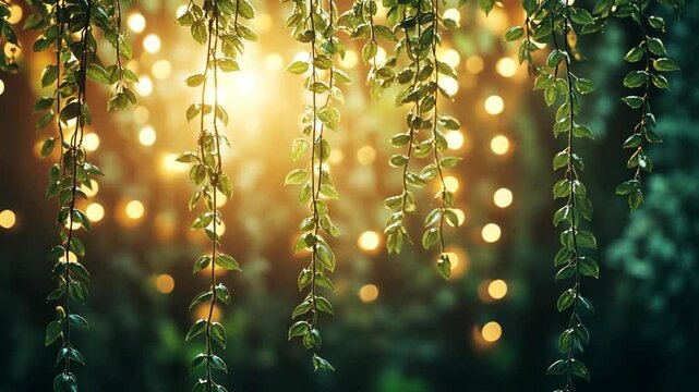romantic green vine curtain with nture bokeh light background