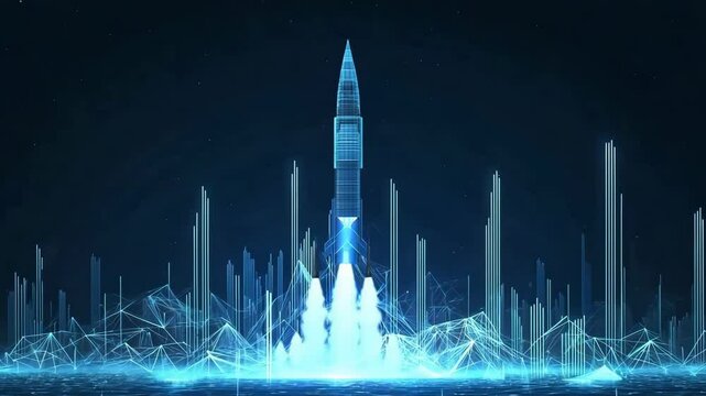 rocket science technology transportation city low poly wireframe blue color ai generated video concept