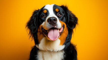Fototapeta premium A cheerful Bernese Mountain Dog with a playful expression, tongue out, and a shiny coat, set against a bold yellow background.