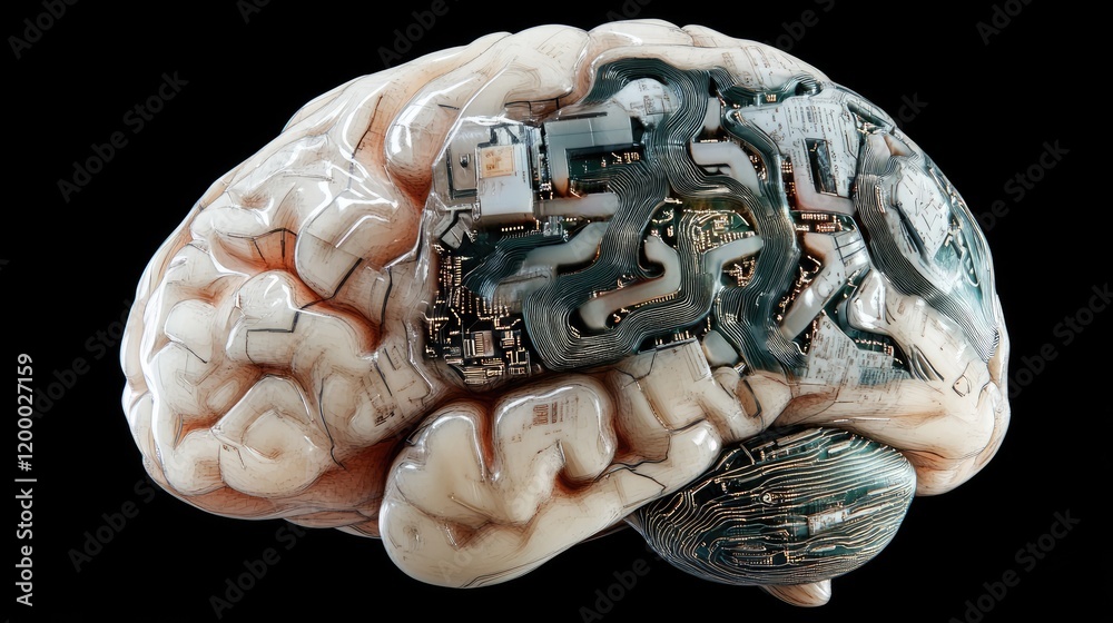 Poster a translucent brain integrated with circuit boards