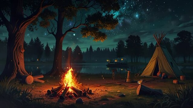 camping under the trees with a campfire at night. seamless looping 4k video background animation