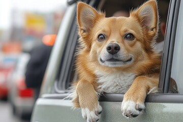 A brown dog peeking out of a car window, ideal for travel or adventure-themed projects