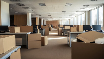 An office with empty desks and packed-up boxes, symbolizing the aftermath of layoffs during a deep economic recession 
