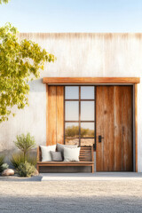 Rustic wooden door with bench under sunny sky beside landscaped area in serene setting