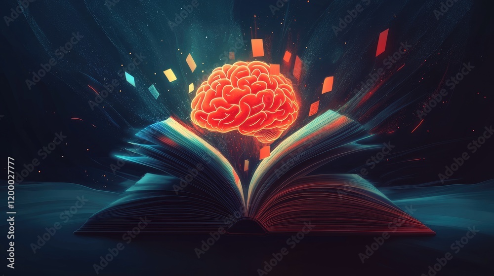 Poster Illuminated Brain Emerging From Open Book Pages