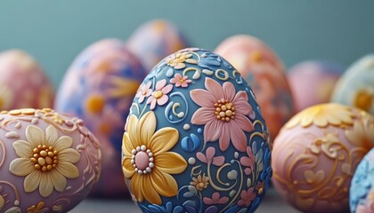 Fototapeta premium Easter Eggs Floral Patterns, Traditional Spring Decoration, Colorful Festive Still Life