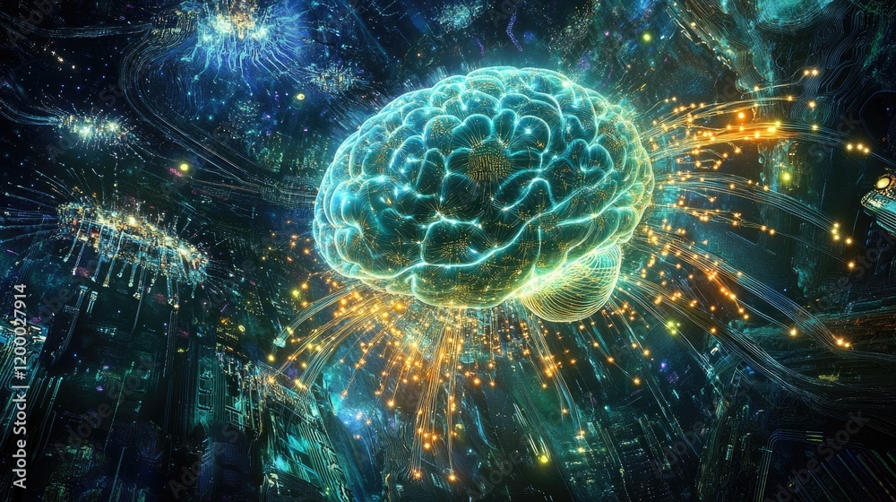 Poster illuminated brain network digital neural connections