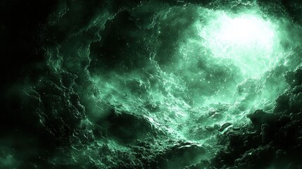 Emerald green cosmic landscape with glowing center. Ideal for sci-fi, fantasy art, or music album covers.