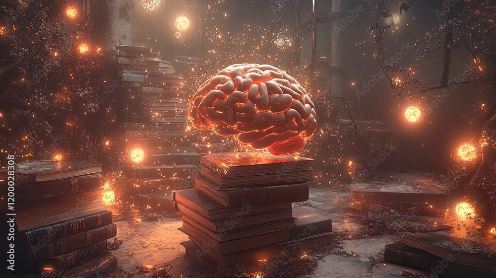 Poster Glowing Brain Atop Stack Of Ancient Books In Mystical Setting