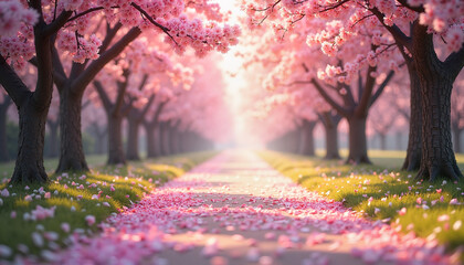 Fototapeta premium Cherry blossom trees lining the pathway with pink petals covering the ground