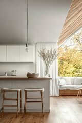 Fototapeta premium Elegant modern kitchen with natural light and simple decor in a serene setting