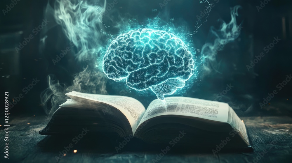 Poster glowing brain emerging from an open book