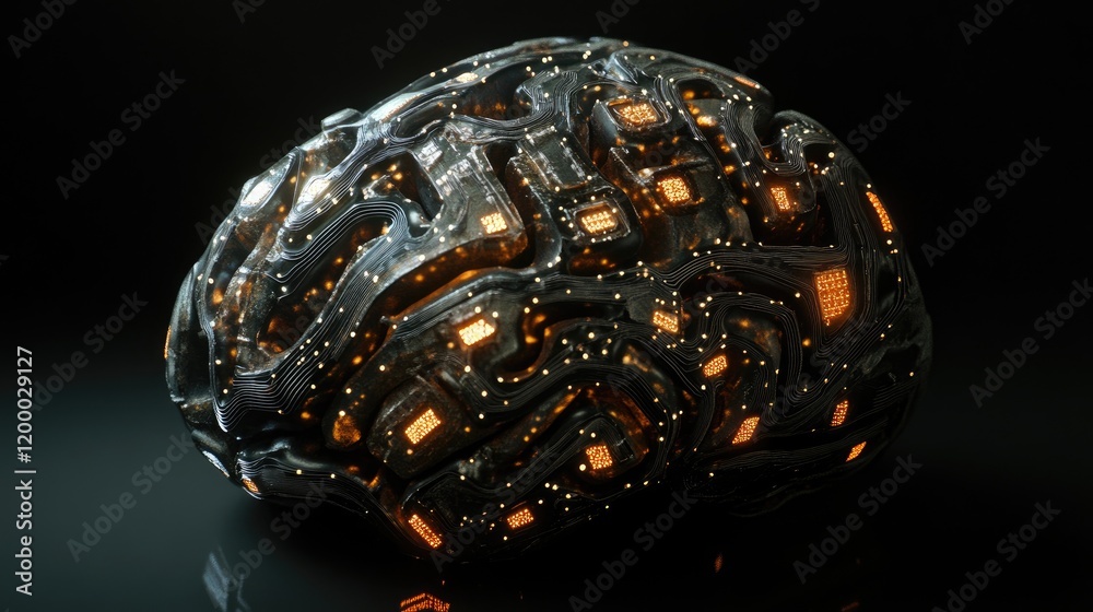 Poster A Futuristic Metallic Brain Glowing With Internal Circuits