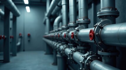 Fototapeta premium Industrial Piping System A Detailed Close-up of Metallic Pipes and Valves in a Modern Facility