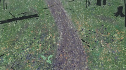 Atmospheric abstract illustration of dark forest for postcard. Forest road, stump, fallen tree, branch, pine cone, fern, colorful grass
