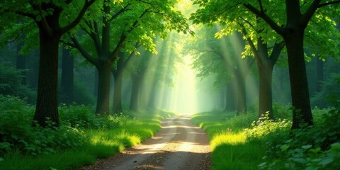 Obraz premium Sunlit Path Through a Verdant Forest Canopy, A Serene and Mystical Scene of Nature's Beauty