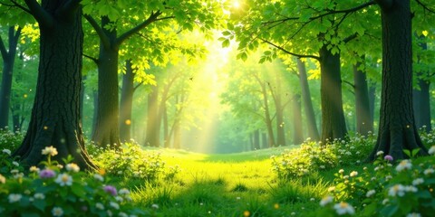 Obraz premium Serene Sunlight Illuminating a Lush Green Forest Path, Embellished with Delicate Blossoms and Dancing Particles