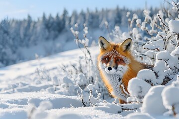 A beautiful red fox standing gracefully in the snow, peeking out from behind the bushes.