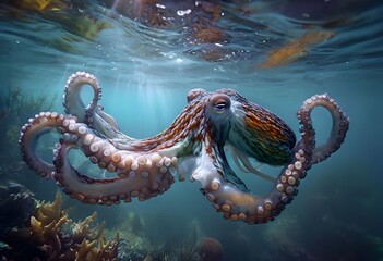 A large, beautiful octopus, majestically hovering underwater.