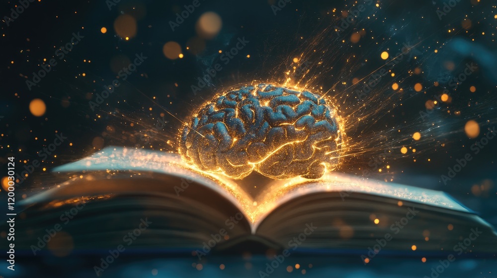 Poster Glowing Brain Emerging From Open Book Pages