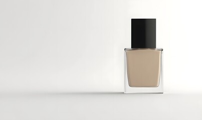 Beige liquid in a clear square bottle with black cap on white background.