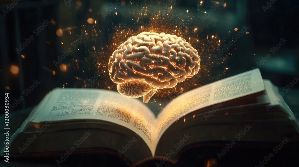 Poster Glowing Brain Above Open Book Illuminating Knowledge