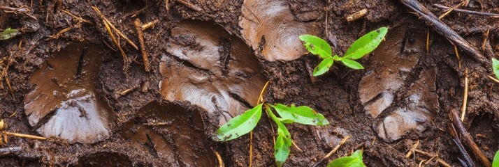 Fresh animal tracks in mud surrounded by green sprouting plants in rainforest