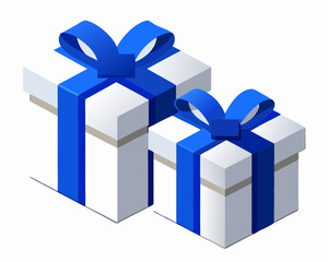 two white gift box with blue ribbon 3d render icon isolated on white background. Elegant White Gift Boxes with Blue Ribbons – Perfect for Celebrations and Festive Design Projects.