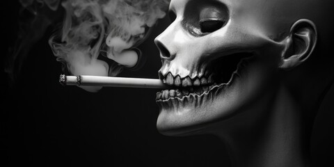 Fototapeta premium A skeleton puffs on a cigarette in a dimly lit room, surrounded by darkness