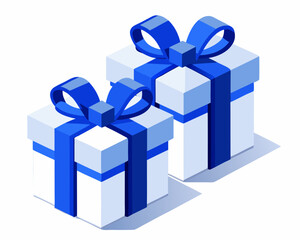 two white gift box with blue ribbon 3d render icon isolated on white background. Elegant White Gift Boxes with Blue Ribbons – Perfect for Celebrations and Festive Design Projects.