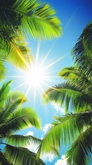 Fototapeta premium Vibrant Palm Leaves Under Sunny Sky Tropical Paradise