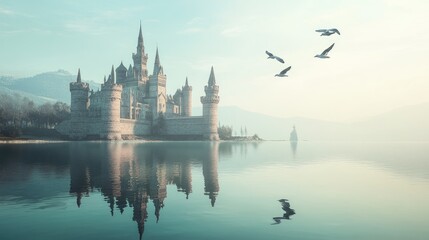 Obraz premium Majestic Castle Reflecting in Calm Lake Waters