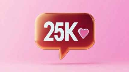3D Social Media Notification Icon With 25K Followers And Love Heart , Isolated On Pink. 3D Render.