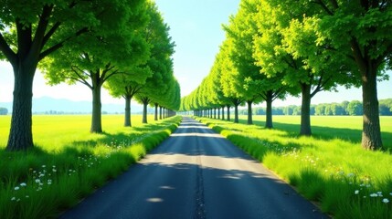 Obraz premium A sunlit asphalt road, lined with vibrant green trees, extends into a picturesque landscape of rolling meadows and distant hills under a clear sky.
