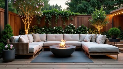 Obraz premium Secluded Patio with Cozy Sectional Sofa and Fire Pit, Illuminated by String Lights and Lush Greenery