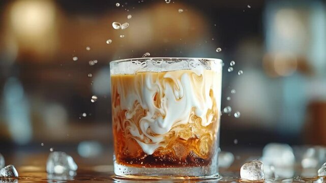 A close-up of an iced coffee drink with cream swirling, showcasing a blend of brown and white colors.