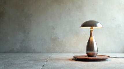 Illuminated Modern Table Lamp on Rustic Tray Against Textured Wall