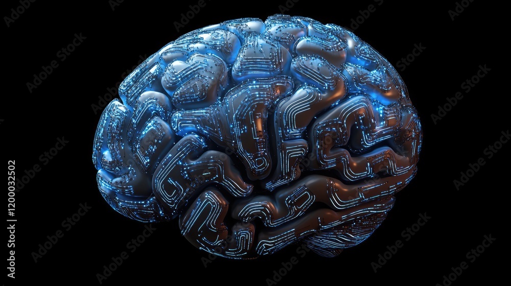 Poster a futuristic metallic brain with glowing circuitry