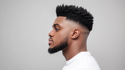 Obraz premium Close-Up Profile of Young Black Man with Stylish Haircut and Beard Against a Gray Background