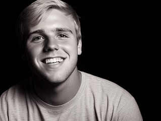 Fototapeta premium Smiling Young Man Portrait Black and White Photo