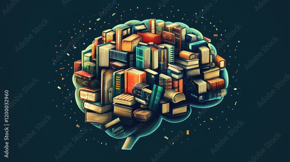 Poster a brain shaped like a stack of books represents knowledge