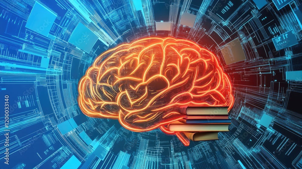 Poster Illuminated Brain with Stack of Books Digital Learning Concept