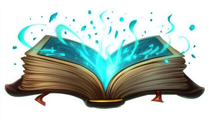 Open book with magical glow clipart, learning inspiration, whimsical style, light effects, isolated on white background 
