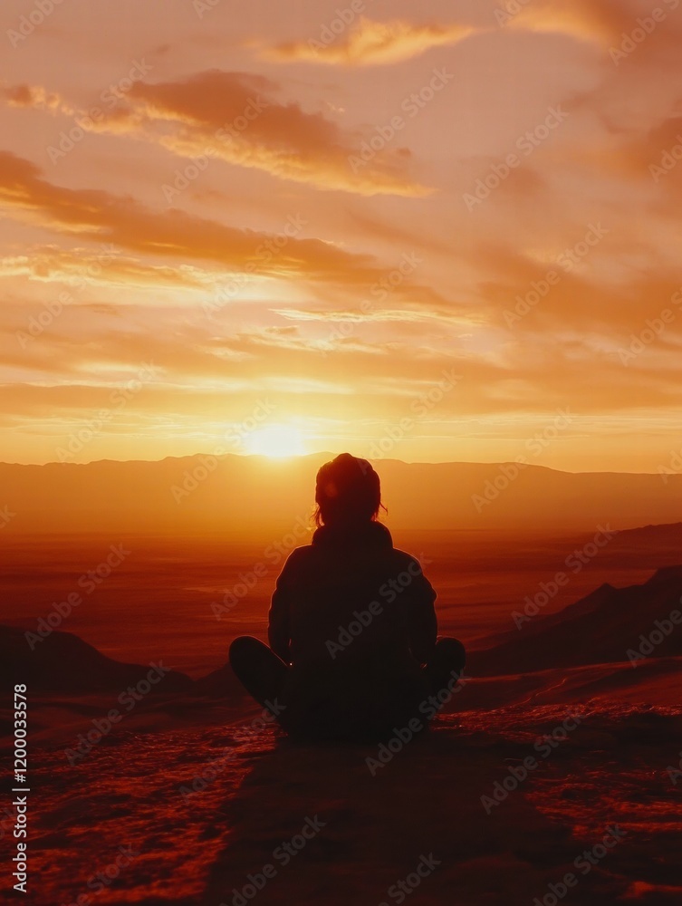 Poster traveler enjoys a breathtaking sunset view over a serene landscape with warm colors in the evening s