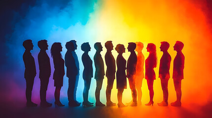 Artistic representation of a community choir singing together, each member depicted as a colorful silhouette, radiating unity and harmony